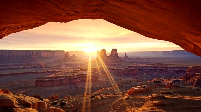 Majestic sunrise over Monument Valley, showcasing stunning rock formations and serene landscape