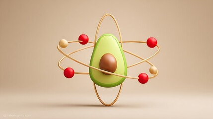 Minimalist Nutrition Atom Design Featuring Avocado Pit Nucleus and Orbiting Flaxseeds and Goji Berries on Tan Backdrop