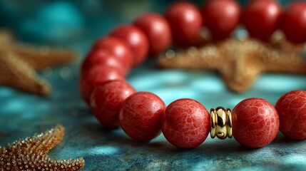 Italian coral necklace gold clasp Mediterranean red coral stones macro close up with sea inspired background