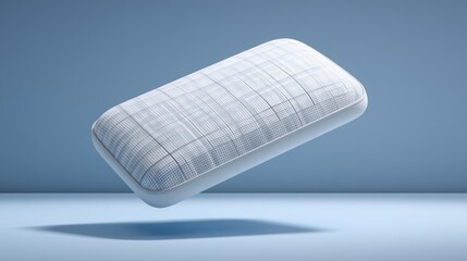Light gray pillow floating against a light blue backdrop