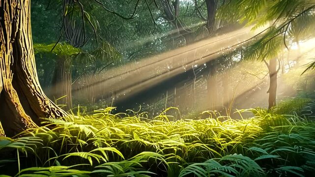 Serene forest scene with sunlight filtering through trees, illuminating lush green ferns and foliage