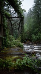 Rustic bridge in lush forest over mysterious river on misty day