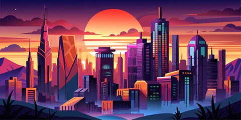 Illustration of a metropolitan city at dusk, skyline of skyscrapers, dramatic sky with warm and cool tones, subtle glow from city lights, clean lines, vector art
