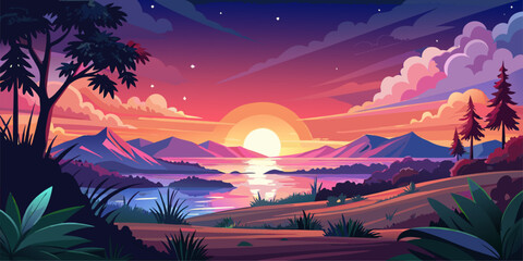 A stunning sunset paints the sky with gradations of color reflecting perfectly on the surface of the calm lake, surrounded by the silhouettes of towering mountains and peaceful trees.