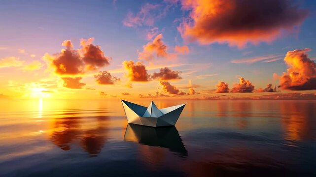 Serene sunset over calm waters with a paper boat floating, reflecting vibrant colors