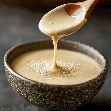 closeup of tahini being poured from a spoon into a bowl creamy sesame paste texture macro food photography t