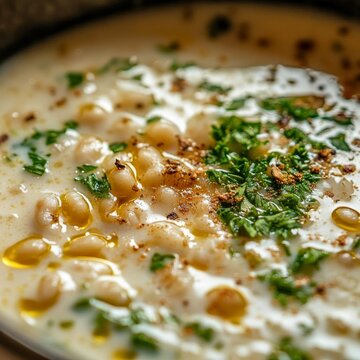 closeup of Lebanese kishk soup with fermented wheat and yogurt creamy texture with herbs macro Middle Eastern fermented food photography