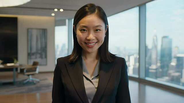 Smiling businesswoman in a modern office setting, looking directly at the camera.