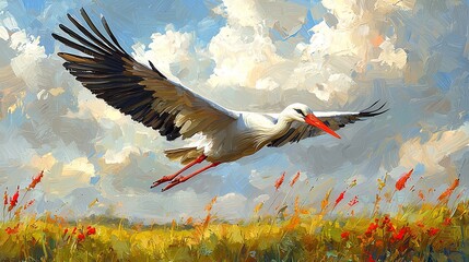 Stork in flight over a field
