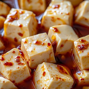 closeup of fermented tofu cubes in chili oil soft creamy texture with red oil sheen macro Chinese delicacy photography background