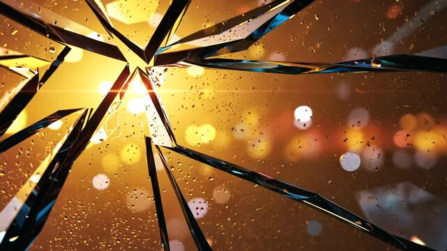 Shattered glass reflecting warm light, creating an abstract background with bokeh effects