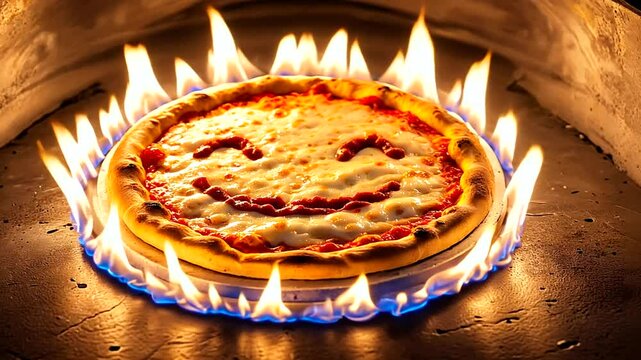 Smiling pizza baking in a fiery oven, surrounded by vibrant flames, ready to serve