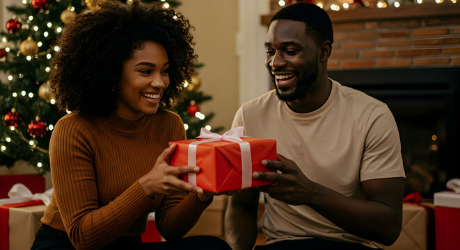 Happy African American couple exchanging gifts by a decorated Christmas tree, enjoying the festive season together.