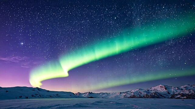 Stunning aurora borealis illuminating a snowy mountain landscape under a starry night sky
