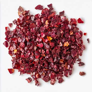 closeup of urfa biber chili flakes with deep burgundy color and oil sheen macro spice photography white background