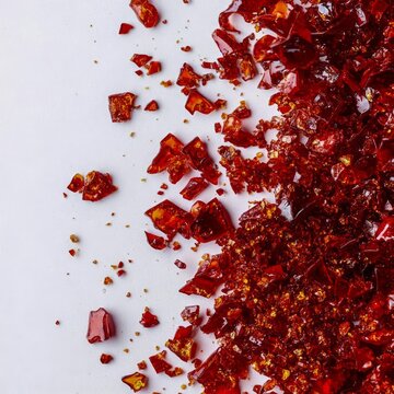 closeup of urfa biber crushed chili flakes with oily dark red color macro spice photography clean white background