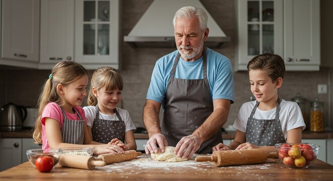 Grandfather Cooking with Three Children in Modern Kitchen During Family Baking Activity