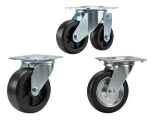 Assorted metal casters with rubber wheels isolated on transparent background 
