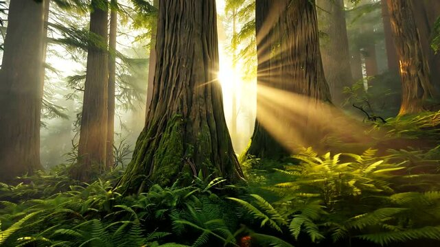 Sunlight streaming through tall trees in a lush forest, illuminating ferns and creating a serene atmosphere