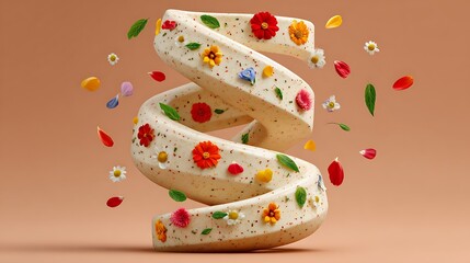 Naklejka premium Pearl-White Smoothie Spiral Mid-Pour with Frozen Edible Flowers — Elegant Pink Backdrop, Healthy Minimal Food Concept