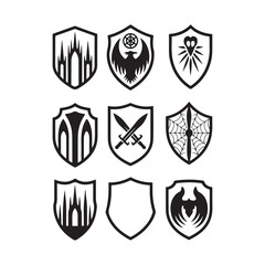 Obraz premium Collection of nine stylized shields with various symbols isolated on white background