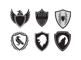 Fototapeta premium Collection of six black shield emblems with animals and symbols isolated on white background