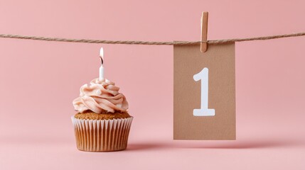 First Birthday Cupcake with Candle and Number One Card