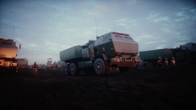 American High Mobility Artillery Rocket System in a ruined city.