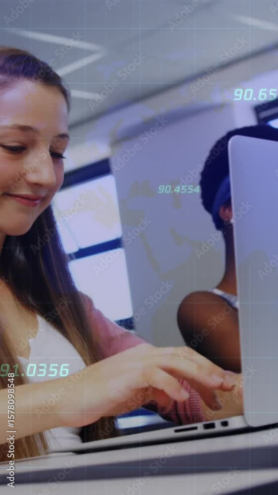 Poster animation of data processing over diverse students using laptops