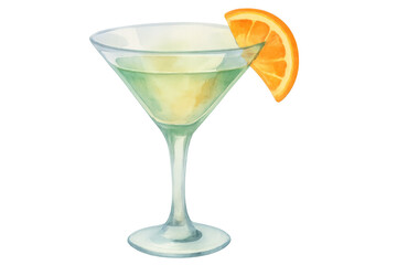 Watercolor martini glass glimmering, bright orange slice adding vivid color to translucent artistic composition