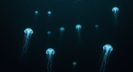 Blue Bioluminescent Jellyfish Floating in Dark Ocean Water