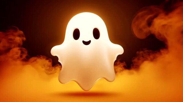 Whimsical ghost character glowing in a fiery orange background, perfect for Halloween themes
