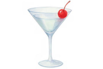 Watercolor painting featuring a martini glass with a cherry, isolated on a transparent background, perfect for designs related to cocktails and beverages