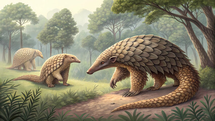 Obraz premium Exploring the pangolin habitat: a family of scaly anteaters in their natural forest environment scene
