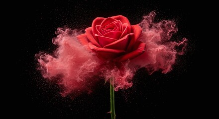 Red Rose Blooming with Pink Powder Explosion on Black Background