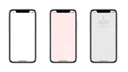 Three smartphone mockups showcasing blank, pale pink, and patterned screens.