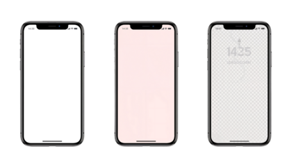 Three smartphone mockups showcasing blank, pale pink, and patterned screens.