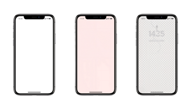 Three smartphone mockups showcasing blank, pale pink, and patterned screens.