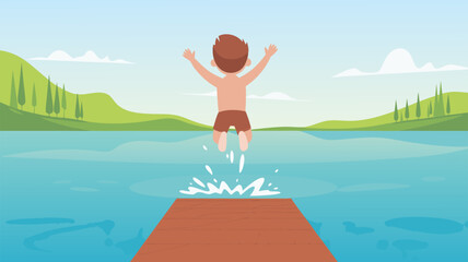 Minimalist Vector SVG Illustration of Child Jumping into Water in Nature Style with Green Hills and Sky