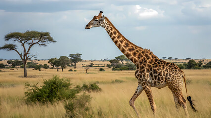 Obraz premium Giraffe walking in serengeti national park tanzania africa wildlife safari adventure travel photography