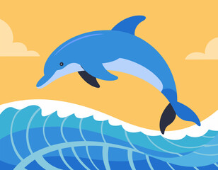 Fototapeta premium Vector SVG Illustration of Dolphin Jumping Over Waves in Modern Flat Style with Bright Colors for Web and Digital Media