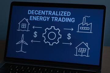 Decentralized energy trading concept illustrating financial growth energy sector with house, wind turbine, factory, and solar panel icons screen