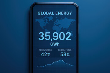 Global energy data on smartphone screen highlights financial growth in energy sector with renewables and fossil fuels statistics and trend graph