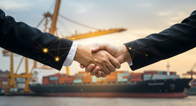 Global trade partnership agreement: successful business handshake at the port, signifying international shipping and logistics.