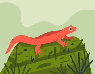 Fototapeta premium Illustration SVG Vector SVG Design of Geometric Lizard on Mossy Log in Minimalist Flat Style with Green and Coral Colors