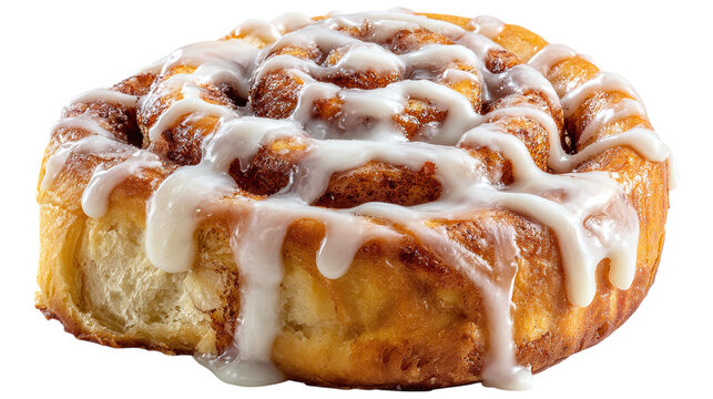 Cinnamon roll with creamy icing drizzle, isolated on tranparent background 