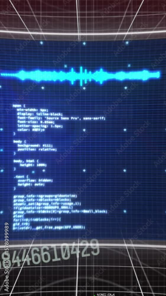 Poster animation of changing numbers over screen with data processing over grid network on black background