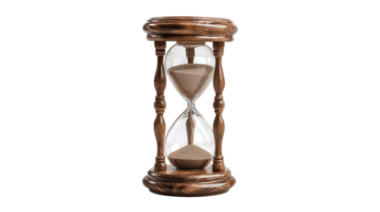 Classic wooden hourglass with flowing sand, isolated on tranparent background 