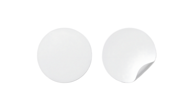 Two blank, round, adhesive stickers, isolated on white background. - Powered by Adobe