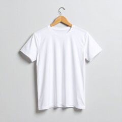 Blank White T-Shirt Hanging on a Wooden Hanger Against a Gray Background